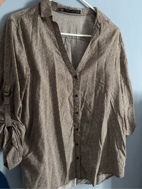Zara Basic Beige and Brown Micro Leopard Print Blouse